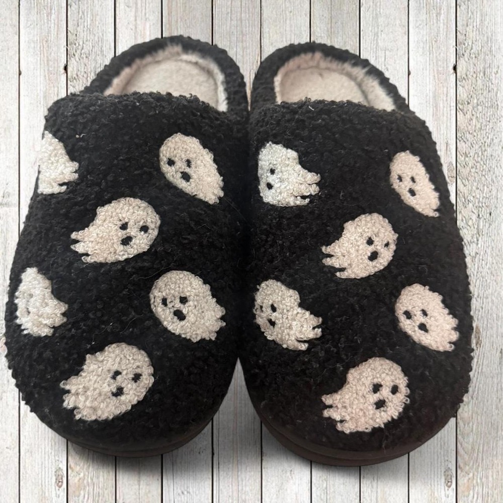 Halloween Ghost Sherpa Slippers Black White